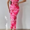 Connecteri  Women's Summer Maxi Bodycon Dresses Strapless Tube Top Printed Long Party Club Slit Dress