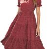 Connecteri  Dresses for Women 2023 Wedding Guest Summer V Neck Short Sleeve Smocked Ruffle Hem A-Line Polka Dot Boho Maxi Dress