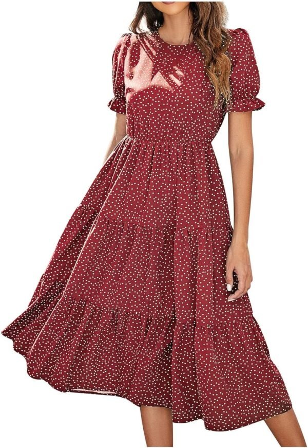 Connecteri  Dresses for Women 2023 Wedding Guest Summer V Neck Short Sleeve Smocked Ruffle Hem A-Line Polka Dot Boho Maxi Dress