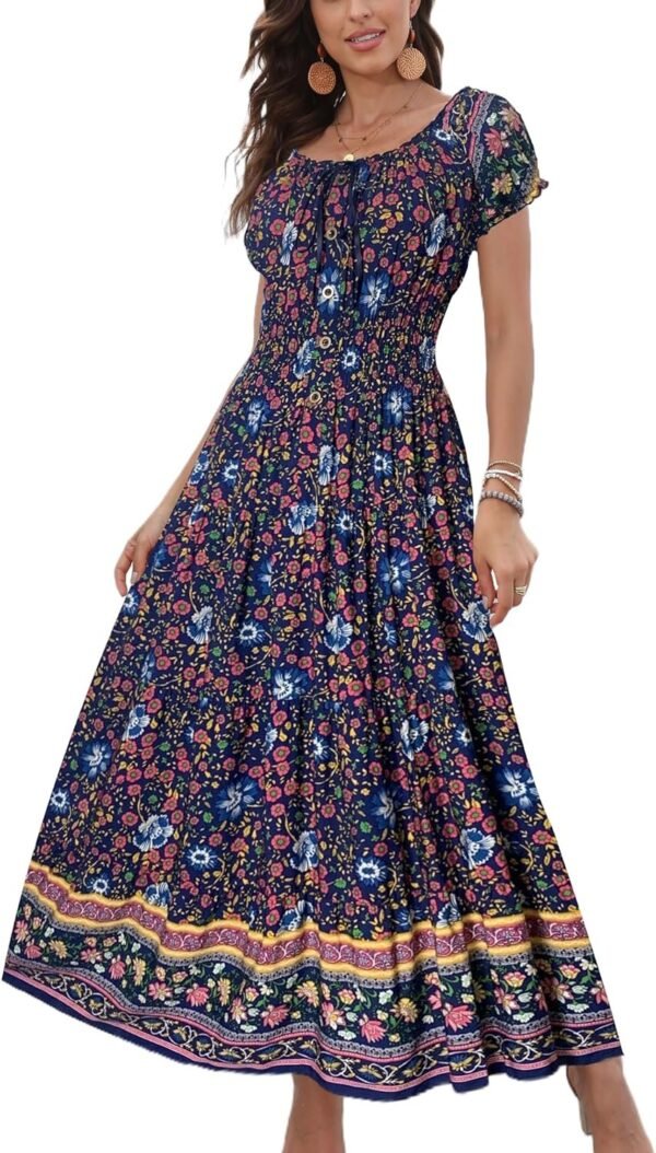 Connecteri  Women's 2024 Summer Short Sleeves Boho Floral Print Tiered Casual Flowy Long Maxi Dress