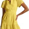 Connecteri  Womens 2024 Summer Short Dress V Neck Short Sleeve A Line Hollow Out Lace Ruffle Cute Casual Beach Party Dresses