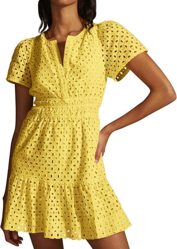 Connecteri  Womens 2024 Summer Short Dress V Neck Short Sleeve A Line Hollow Out Lace Ruffle Cute Casual Beach Party Dresses