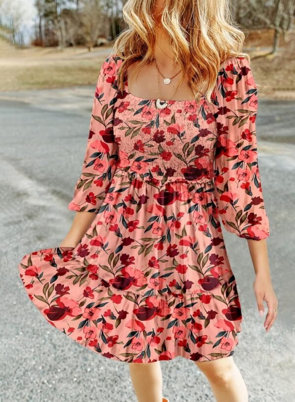 Connecteri  Womens Summer Dresses 2024 Boho Floral Square Neck Smocked 3/4 Sleeve Casual A-Line Swing Mini Babydoll Dress