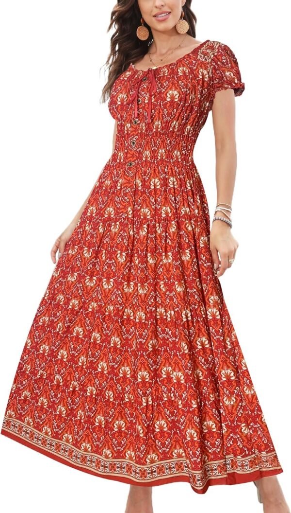 Connecteri  Women's 2024 Summer Short Sleeves Boho Floral Print Tiered Casual Flowy Long Maxi Dress