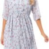 Connecteri  Women's Short Sleeve V-Neck 3/4 Sleeve Button Up Chiffon Floral Pleated Midi Swing Dress with Belt