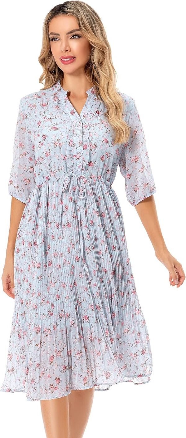 Connecteri  Women's Short Sleeve V-Neck 3/4 Sleeve Button Up Chiffon Floral Pleated Midi Swing Dress with Belt
