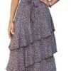 Connecteri?Womens Summer Floral One Shoulder Tiered Ruffle Flowy Midi Beach Boho Dress