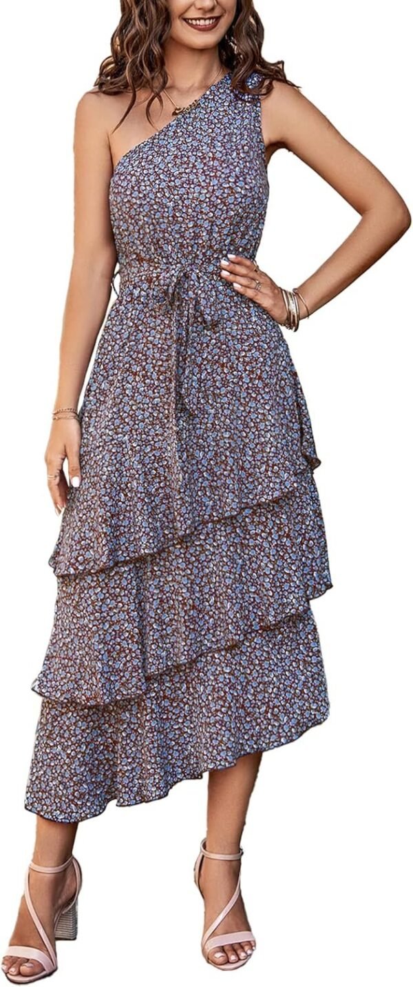 Connecteri?Womens Summer Floral One Shoulder Tiered Ruffle Flowy Midi Beach Boho Dress