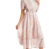 Connecteri  Women's Short Sleeve Button Up Ruffle Chiffon Floral Midi Swing Dress with Belt