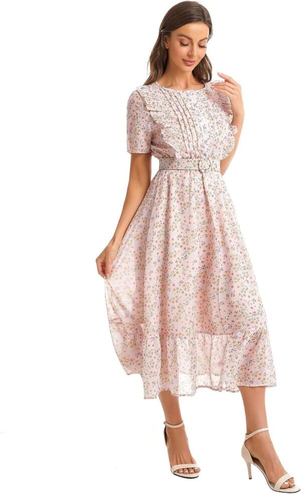Connecteri  Women's Short Sleeve Button Up Ruffle Chiffon Floral Midi Swing Dress with Belt