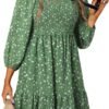 Connecteri  Womens Summer Dresses 2024 Boho Floral Square Neck Smocked 3/4 Sleeve Casual A-Line Swing Mini Babydoll Dress