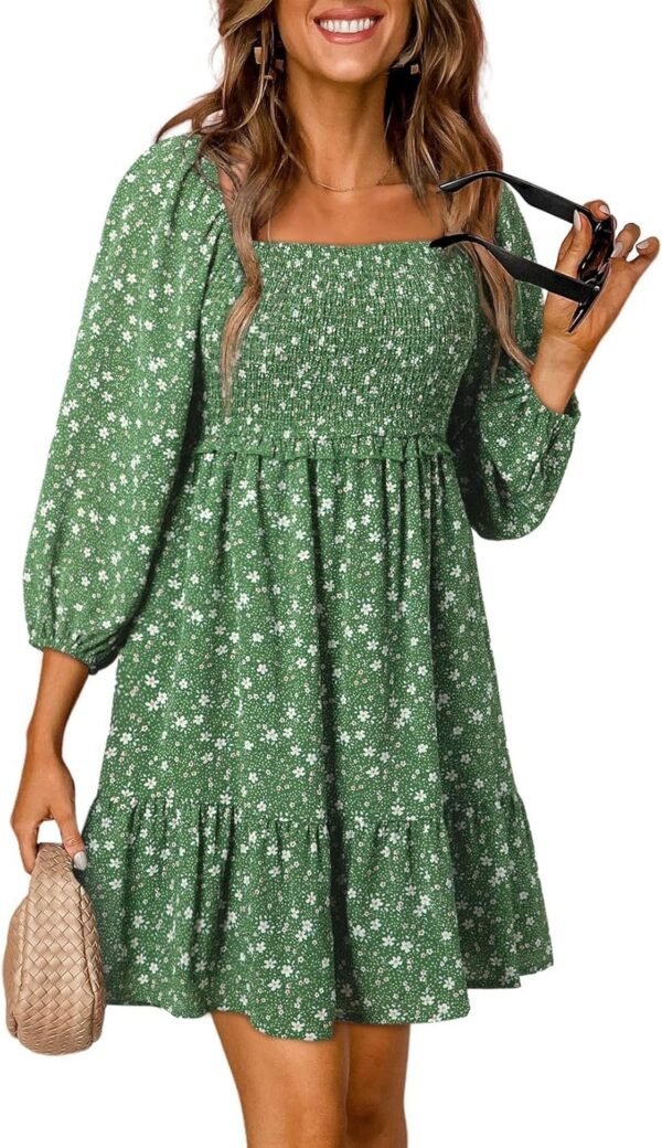 Connecteri  Womens Summer Dresses 2024 Boho Floral Square Neck Smocked 3/4 Sleeve Casual A-Line Swing Mini Babydoll Dress