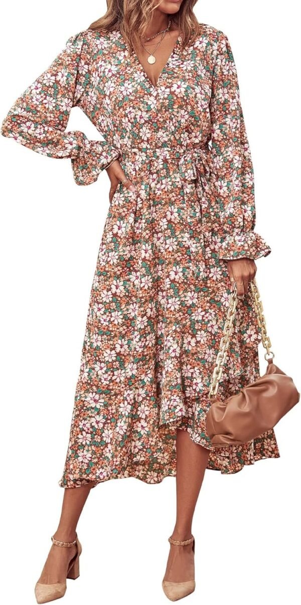 Connecteri  Women Long Sleeve Wrap Maxi Dress V Neck Boho Floral High Waist Flowy Ruffle 2024 Spring Summer Dresses with Belt