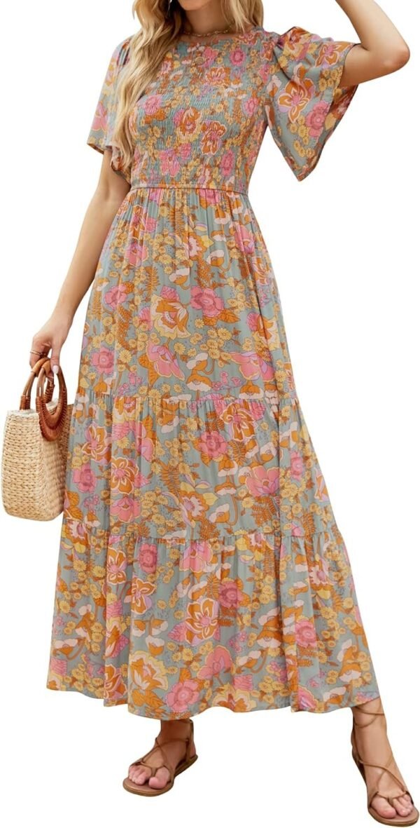 Connecteri Women's 2024 Summer Casual Floral Print Short Flutter Sleeve Crew Neck Smocked High Waist Flowy Maxi Dress