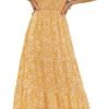 Connecteri Women's 2024 Summer Casual Floral Print Short Flutter Sleeve Crew Neck Smocked High Waist Flowy Maxi Dress