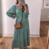 Connecteri  Womens Loose Fit Casual Summer V Neck Half Sleeve Bohemian Geometric Pattern Maxi Long Dresses