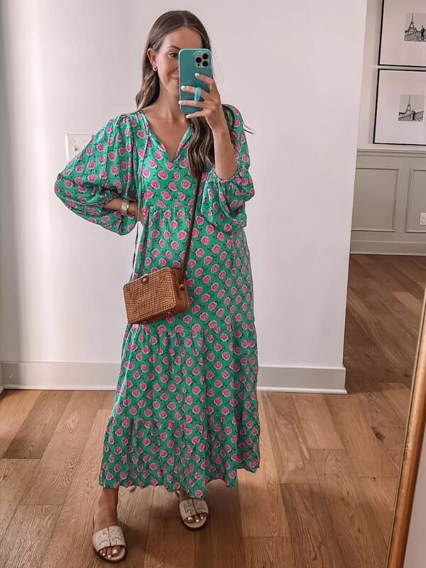Connecteri  Womens Loose Fit Casual Summer V Neck Half Sleeve Bohemian Geometric Pattern Maxi Long Dresses