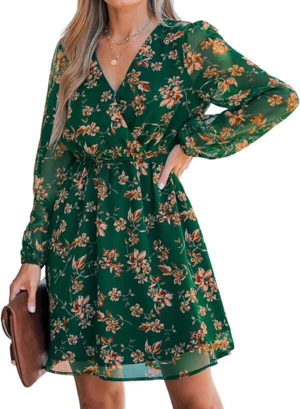 Connecteri  Women's Floral Print Chiffon A-Line Mini Dress Long Peasant Sleeves