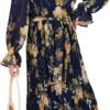 Connecteri  Women's Floral Midi Dress Puff Long Sleeve Casual Ruffle Chiffon A-Line Swing Pleated Belted Tea Party Dresses