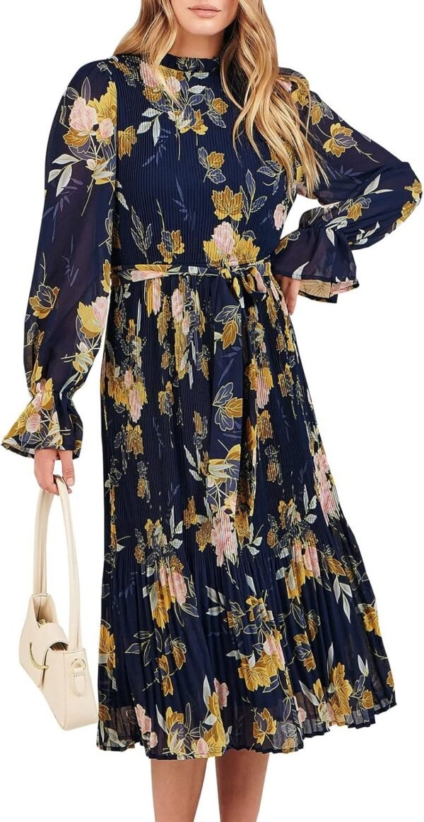 Connecteri  Women's Floral Midi Dress Puff Long Sleeve Casual Ruffle Chiffon A-Line Swing Pleated Belted Tea Party Dresses