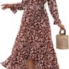 Connecteri  Women Long Sleeve Wrap Maxi Dress V Neck Boho Floral High Waist Flowy Ruffle 2024 Spring Summer Dresses with Belt
