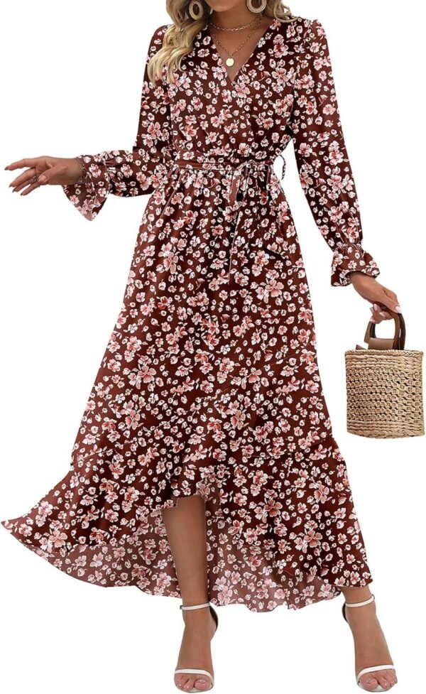 Connecteri  Women Long Sleeve Wrap Maxi Dress V Neck Boho Floral High Waist Flowy Ruffle 2024 Spring Summer Dresses with Belt