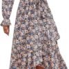 Connecteri  Women Long Sleeve Wrap Maxi Dress V Neck Boho Floral High Waist Flowy Ruffle 2024 Spring Summer Dresses with Belt