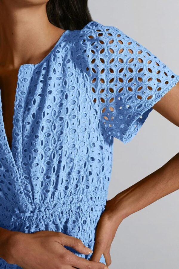 Connecteri  Womens 2024 Summer Short Dress V Neck Short Sleeve A Line Hollow Out Lace Ruffle Cute Casual Beach Party Dresses