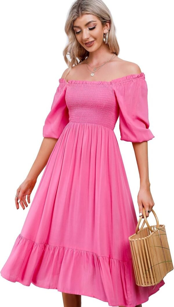 Connecteri  Women's Summer Cotton Puff Sleeves Casual Vintage Polka Dots Print Off Shoulder Midi Dress
