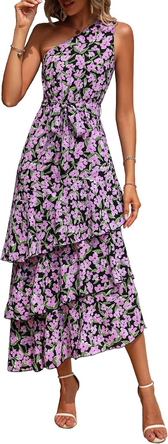 Connecteri?Womens Summer Floral One Shoulder Tiered Ruffle Flowy Midi Beach Boho Dress