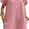 Connecteri  Womens Cotton Shirt Dress Summer Casual Short Sleeve Button Down Beach Cover Up Shirts with Pockets