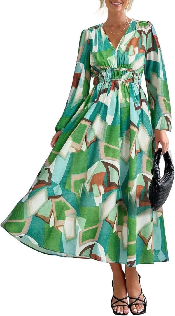 Connecteri  Women's 2024 Fall Boho Maxi Dress Casual Long Sleeve V Neck Printed Beach Long Flowy Dresses