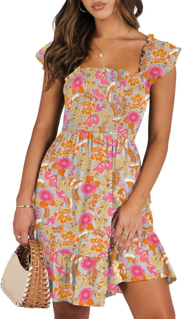 Connecteri  Womens Summer Casual Sleeveless Square Neck Smocked Ruffle Backless Boho Mini Dress 2024 Trendy Short Sundress