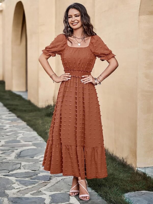 Connecteri  Womens 2024 Puff Short Sleeve Square Neck Swiss Dot Smocked Waist Ruffle Hem Tiered Long Dress
