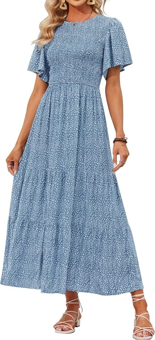 Connecteri Women's 2024 Summer Casual Floral Print Short Flutter Sleeve Crew Neck Smocked High Waist Flowy Maxi Dress