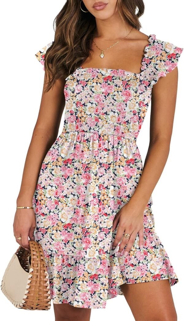 Connecteri  Womens Summer Casual Sleeveless Square Neck Smocked Ruffle Backless Boho Mini Dress 2024 Trendy Short Sundress