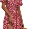 Connecteri  Womens Sundress Summer Floral Short Sleeve Wrap V Neck A-Line Midi Dress