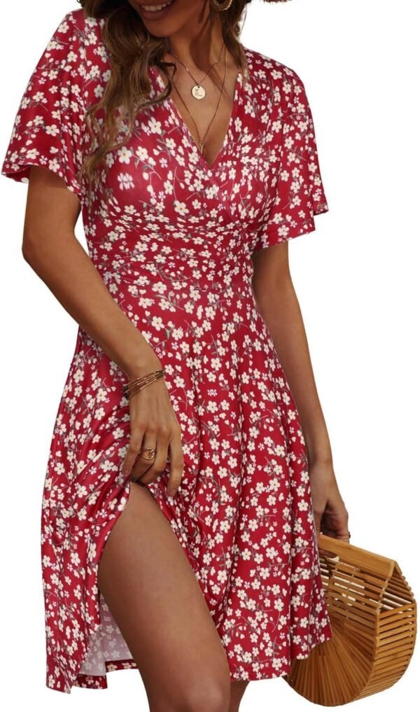 Connecteri  Womens Sundress Summer Floral Short Sleeve Wrap V Neck A-Line Midi Dress