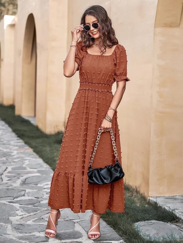 Connecteri  Womens 2024 Puff Short Sleeve Square Neck Swiss Dot Smocked Waist Ruffle Hem Tiered Long Dress