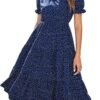 Connecteri  Dresses for Women 2023 Wedding Guest Summer V Neck Short Sleeve Smocked Ruffle Hem A-Line Polka Dot Boho Maxi Dress
