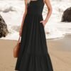 Connecteri Women's 2024 Summer Sleeveless Dress Square Neck Pleated Swing Casual Maxi Dresses with Pockets