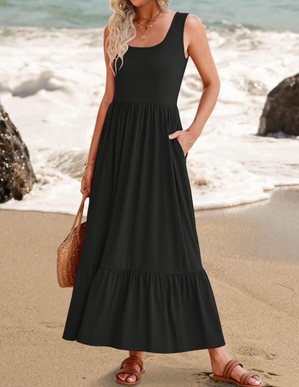 Connecteri Women's 2024 Summer Sleeveless Dress Square Neck Pleated Swing Casual Maxi Dresses with Pockets