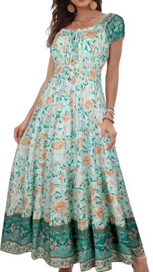Connecteri  Women's 2024 Summer Short Sleeves Boho Floral Print Tiered Casual Flowy Long Maxi Dress