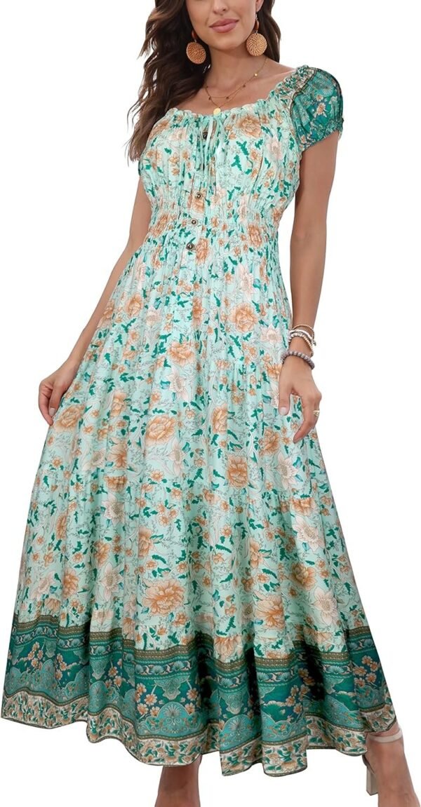 Connecteri  Women's 2024 Summer Short Sleeves Boho Floral Print Tiered Casual Flowy Long Maxi Dress