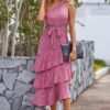 Connecteri?Womens Summer Floral One Shoulder Tiered Ruffle Flowy Midi Beach Boho Dress