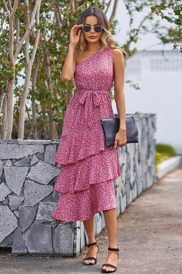 Connecteri?Womens Summer Floral One Shoulder Tiered Ruffle Flowy Midi Beach Boho Dress