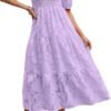 Connecteri  Women's 2024 Summer Puff Sleeve Smocked Floral Dress Crewneck Lace Flowy Tiered Midi Dresses