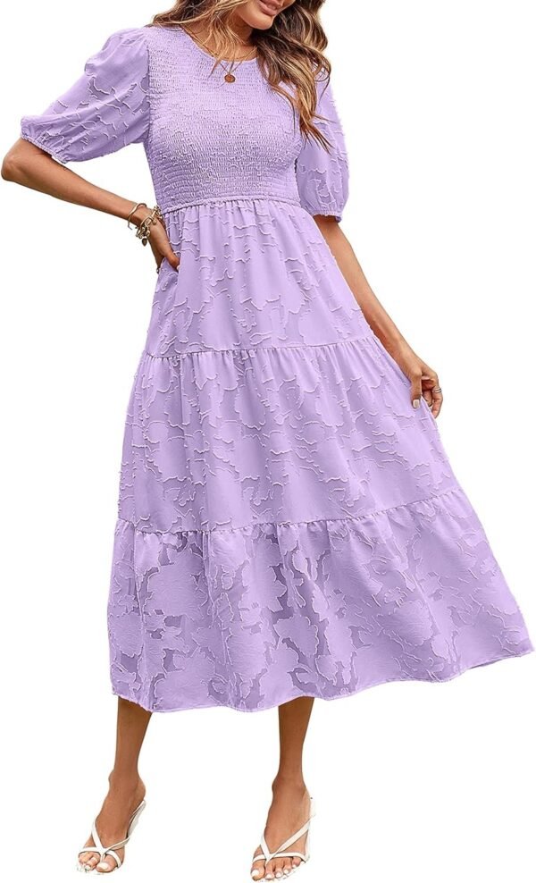 Connecteri  Women's 2024 Summer Puff Sleeve Smocked Floral Dress Crewneck Lace Flowy Tiered Midi Dresses