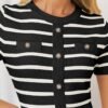 Connecteri Women's Casual Striped Midi Dress Crewneck Short Sleeve Button Ribbed Knit Swing Pleated A Line Dresses