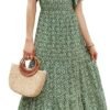 Connecteri Women's 2024 Summer Casual Floral Print Short Flutter Sleeve Crew Neck Smocked High Waist Flowy Maxi Dress